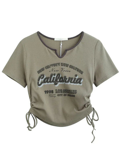 Retro Crop Top Korte Mouw Letter Dames - StudioMarella