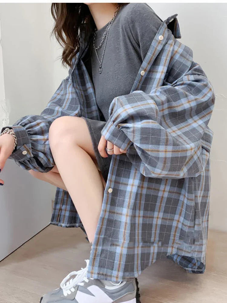 Dames Oversized Hemd Lange Mouwen Blauw Geruit
