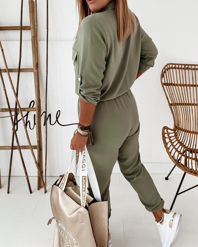 Lange Jumpsuit Met Elastische Taille en Mouwen