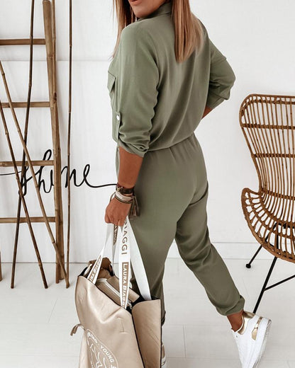 Lange Jumpsuit Met Elastische Taille en Mouwen