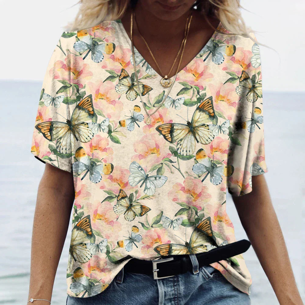 Vrouwelijk Bloemen Shirt met Kleurrijke Vlinder Print
