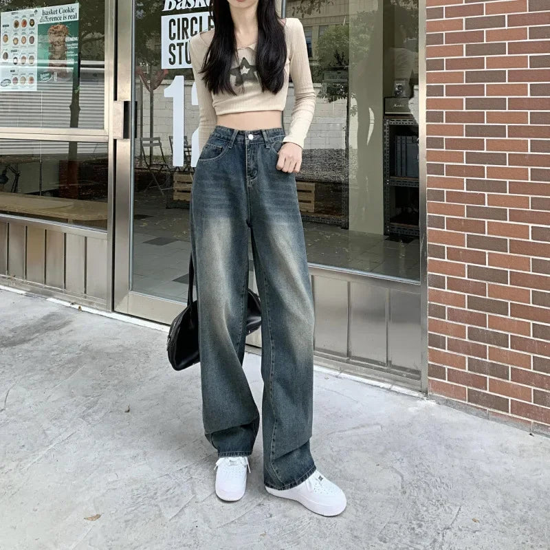 Dames Wide Leg Jeans Hoge Taille Retro Look