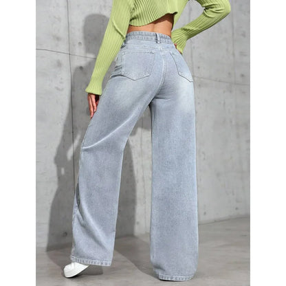Dames High Waist Wide Leg Jeans Grote Pasvorm Gewassen Look