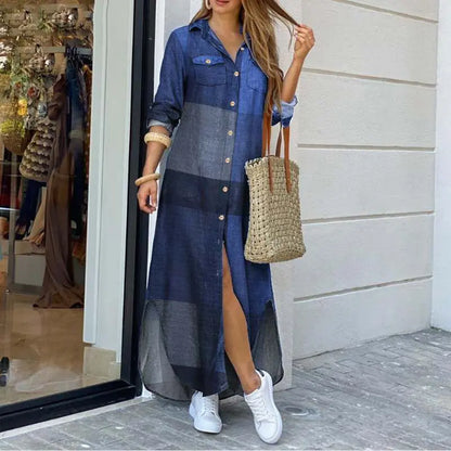 Maxi Jurk Denim Relaxte Pasvorm Met Shirtkraag - StudioMarella