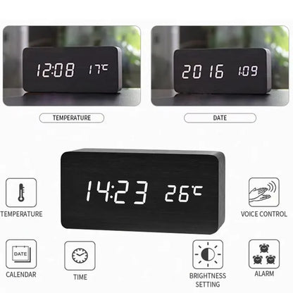 Digitale Wekker Houtlook LED Bamboe Zwart Bruin Temperatuur USB Slaapkamer Bureau 3 Alarmen Instelbare Helderheid 12/24u Tafelklok