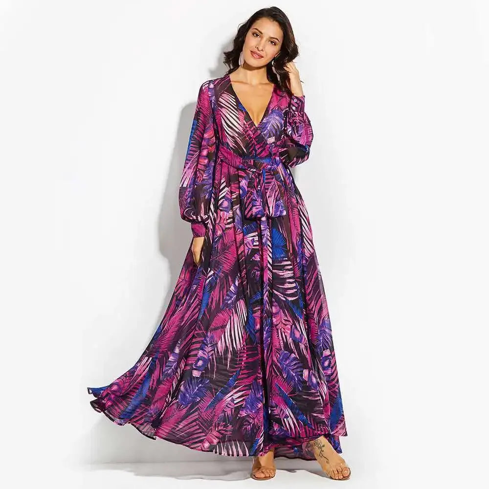 Damesjurk Lange V-hals Zomerjurk met Lantaarnmouwen Elegante Jurk - StudioMarella