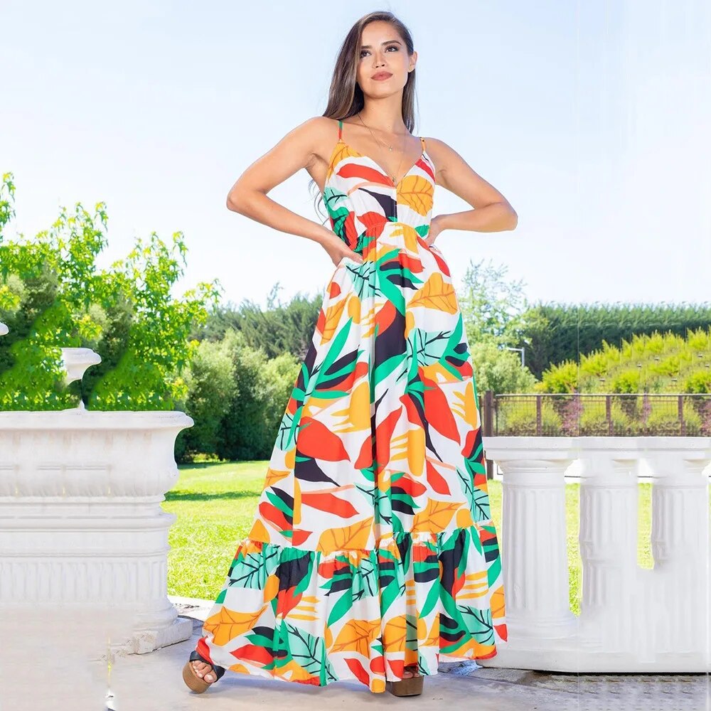 Vrouwelijke Zomerjurk Maxi Tropisch Patroon Jurk - StudioMarella