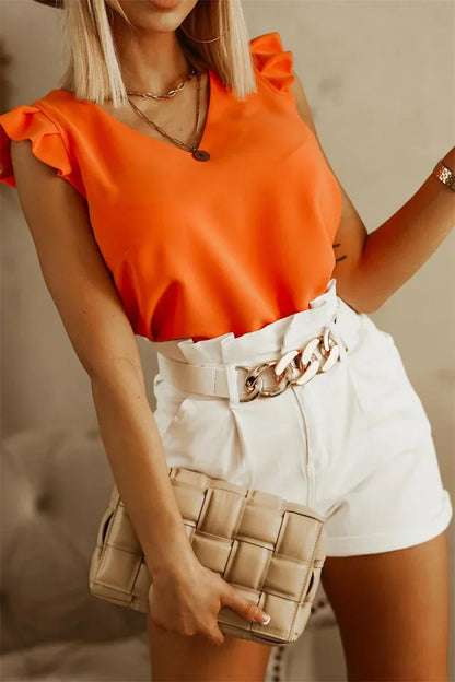 Vrouwelijke Oranje Blouse met V-Hals Kort Model - StudioMarella