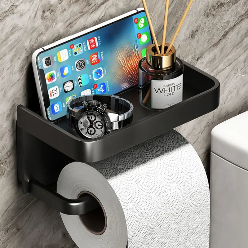 Toiletrolhouder Aluminium Zwart 18.3cm Met Plank Wandmontage Badkamer Telefoonhouder Opbergrek Modern Minimalistisch