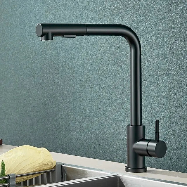 Uittrekbare Keukenkraan met 2 Standen Zwart Mat Roestvrijstaal Draaibare Uitloop Warm Koud Water Mengkraan