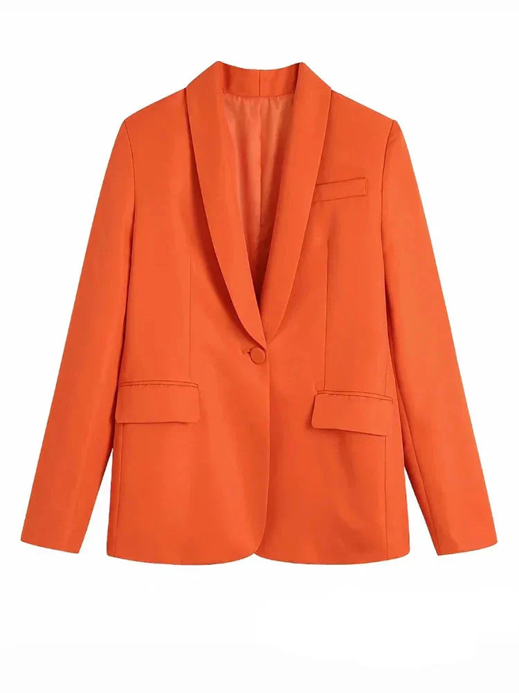 Vintage Blazer Dames Oranje V-hals Losse Pasvorm