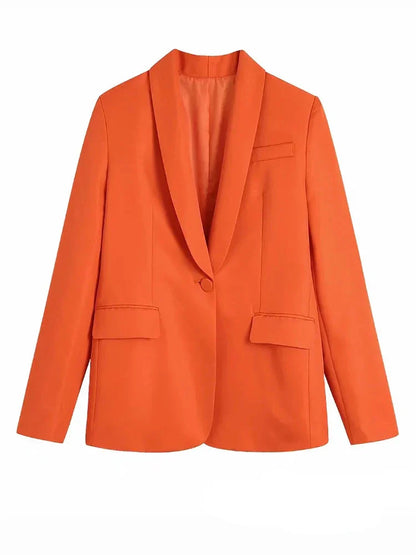 Vintage Blazer Dames Oranje V-hals Losse Pasvorm