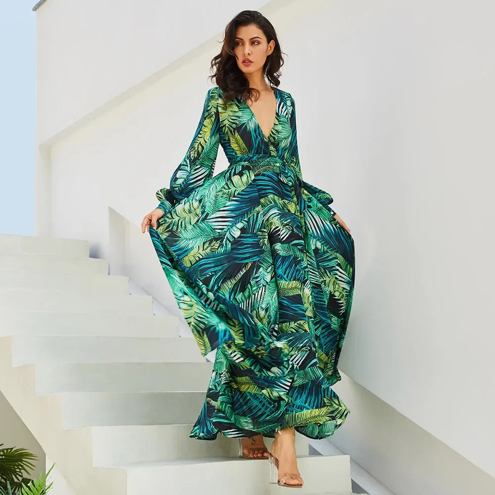 Damesjurk Lange V-hals Zomerjurk met Lantaarnmouwen Elegante Jurk