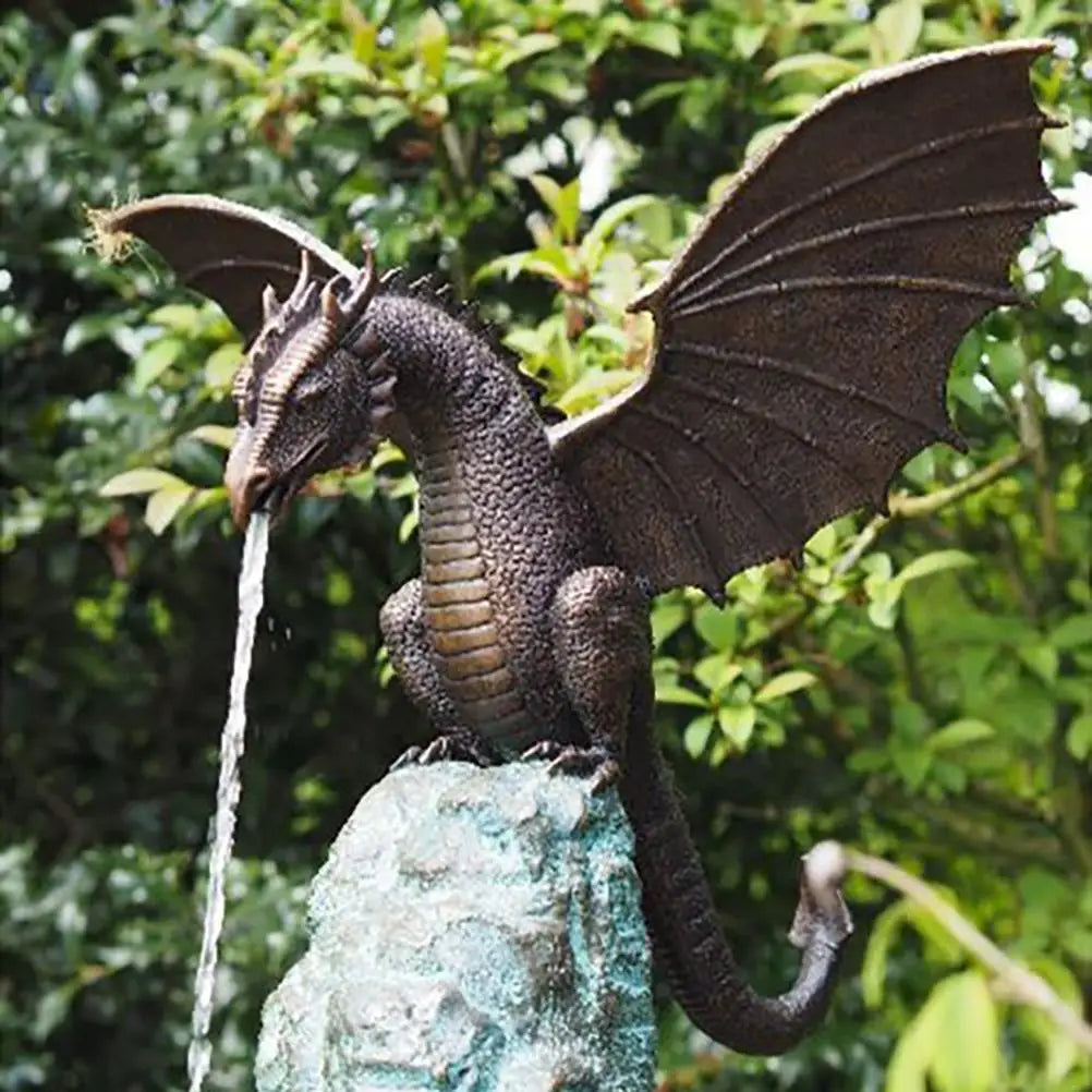 Draak Fontein Tuinbeeldje Hars 35cm Brons Waterspijtende Draak Tuin Sculptuur Vijver Terras Buitendecoratie Ornament