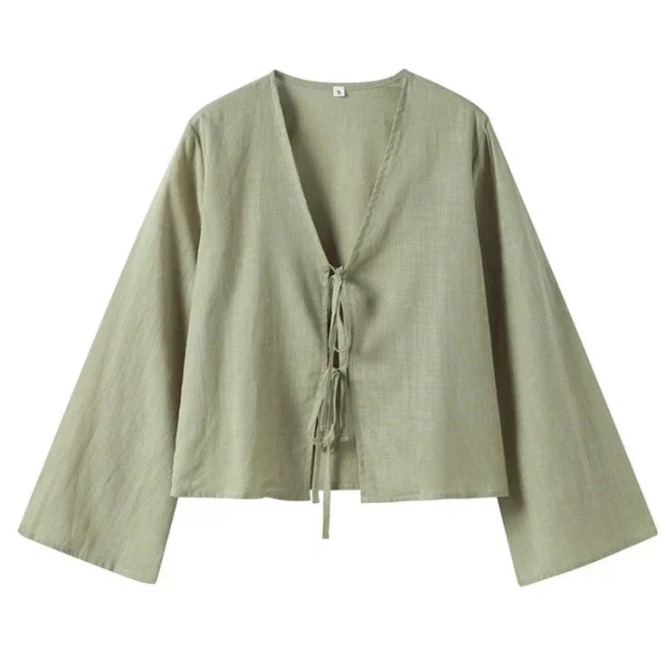 Vrouwelijke Linnen Blouse Met Strik Detail