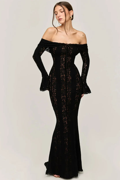 Maxi Jurk Off-Shoulder met Kant en Ruches Zomerjurk