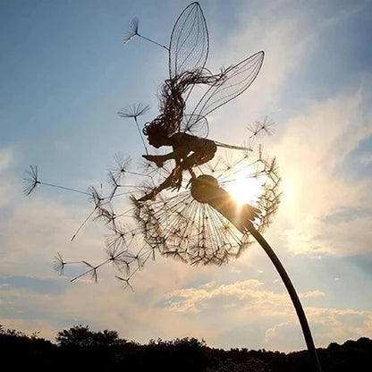Metalen Tuinsteker Fee met Paardenbloem 75cm Decoratie voor Tuin Gazon Bloembak Magisch Sprookjesbeeld Windbestendig Fantasiebeeld Fantasieliefhebbers Romantische Tuininrichting Dromerig Accent