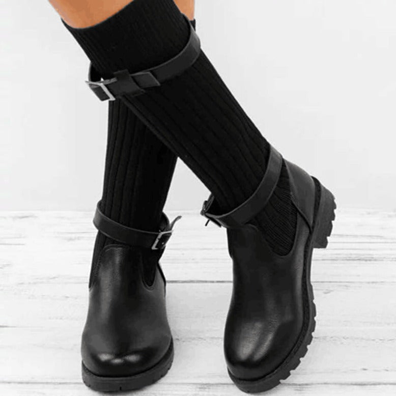 Dames Leren Laarzen met Gebreide Wol Inleg Winterwarm