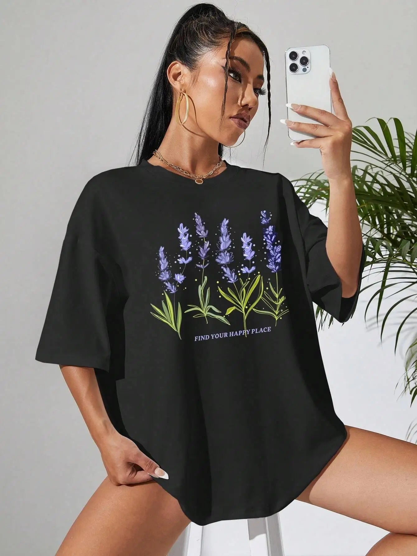Vrouwelijke T-Shirt Lavendelprint Casual Katoen