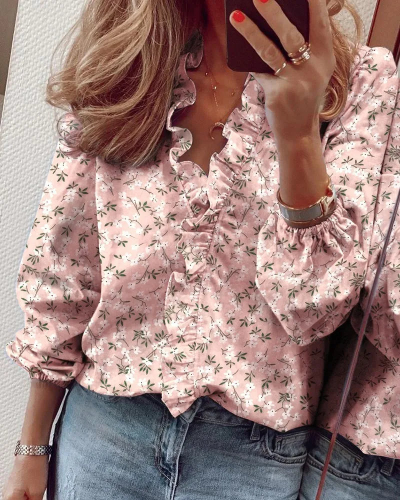 Vrouwelijke Blouse Lange Mouwen Ruches Jurkstof