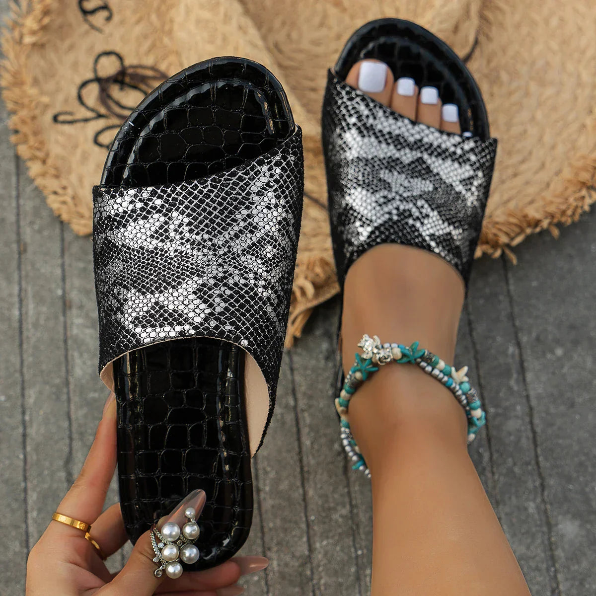 Dames Sandalen van Slangenleer met Platte Zool Zomer Schoenen