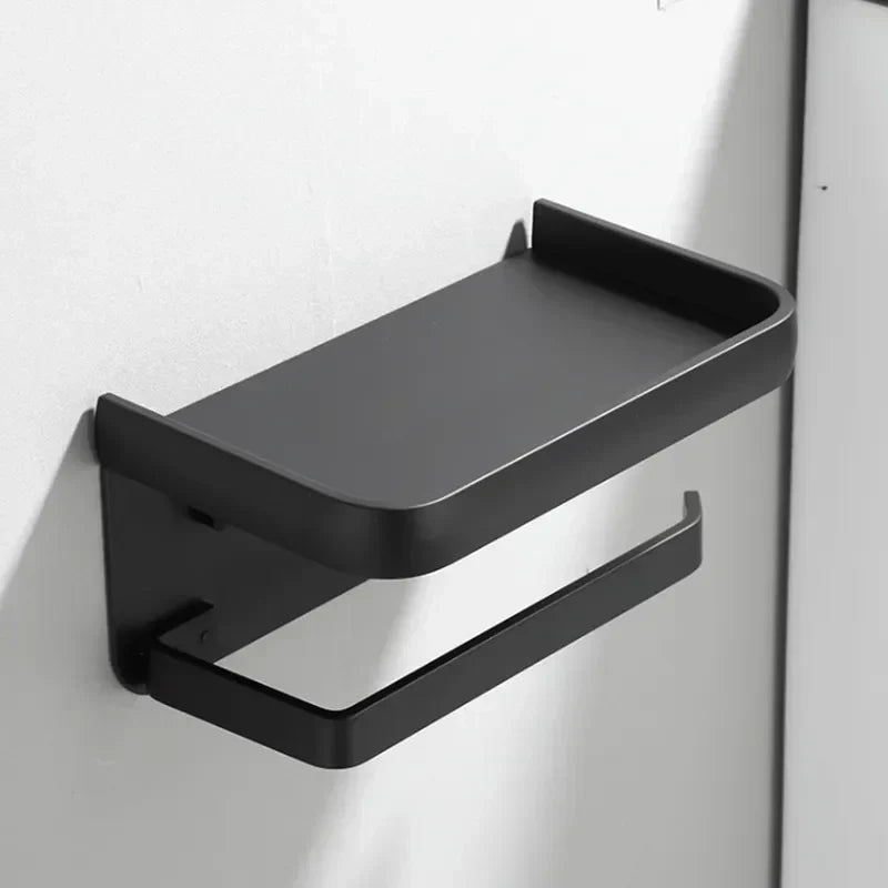 Toiletrolhouder Aluminium Zwart 18.3cm Met Plank Wandmontage Badkamer Telefoonhouder Opbergrek Modern Minimalistisch