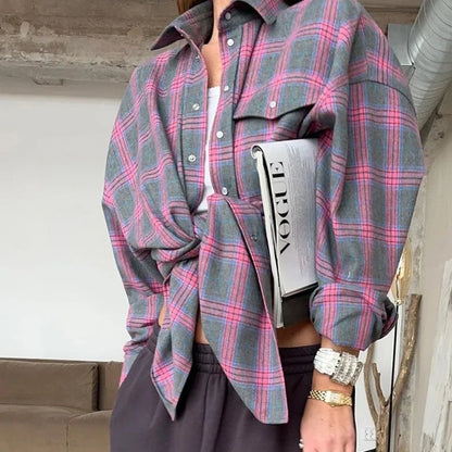 Dames Blouse Oversized Geruit met Zakken Blauw