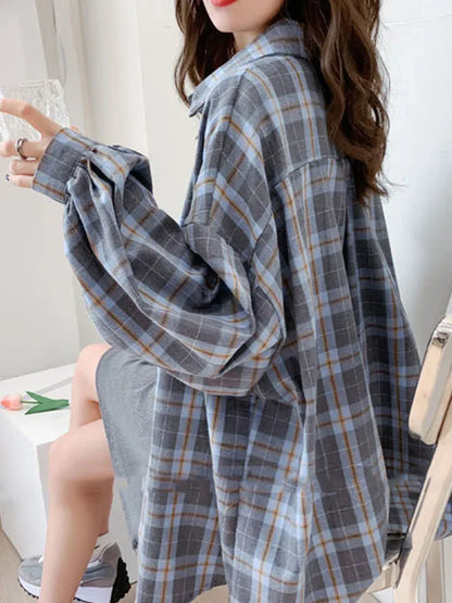 Dames Oversized Hemd Lange Mouwen Blauw Geruit