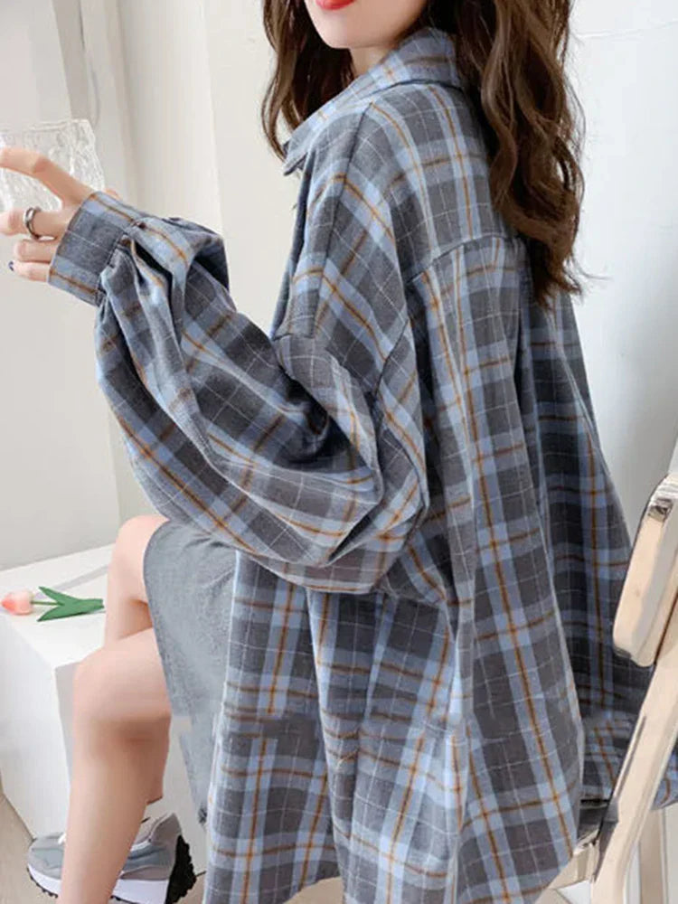 Dames Oversized Hemd Lange Mouwen Geruit Blauw