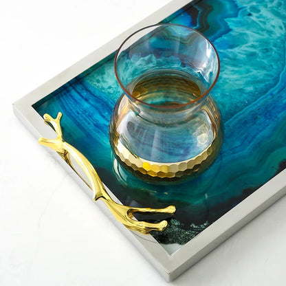 Decoratief Dienblad met Blauwe Agaatpatroon – Elegant Serveerblad met Glazen Inleg en Edelstalen Rand – Uniek Natuursteen Design voor Tafel en Interieur
