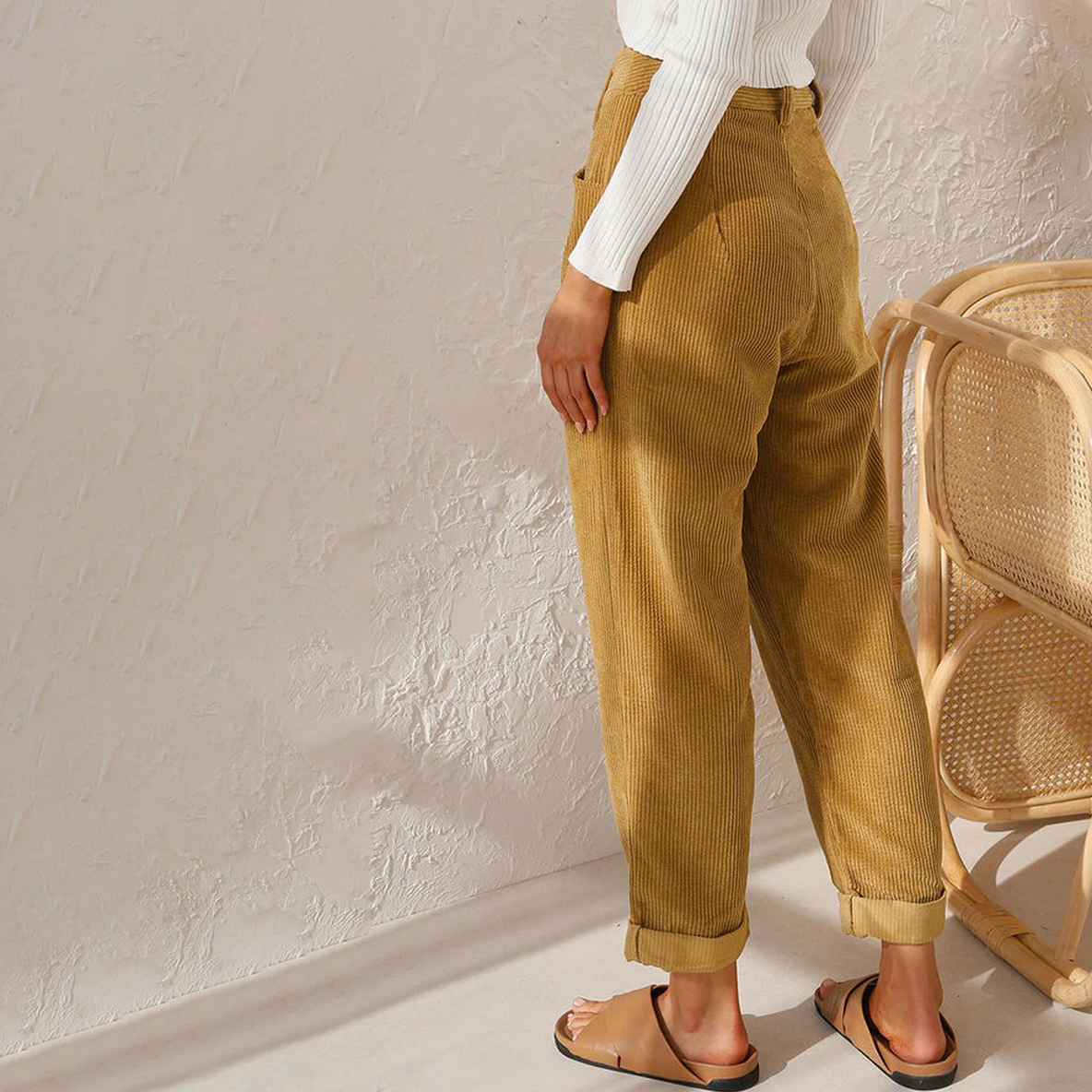Damesbroek Hoge Taille Corduroy met Opgerolde Pijpen