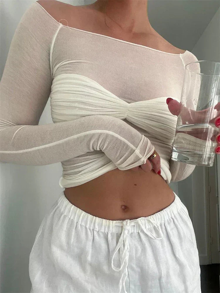 Dames Crop Top Off-Shoulder Lange Mouwen Elegante Stijl