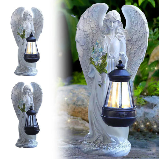 Engel Tuinbeeldje Zonne-energie LED Lantaarn 31cm Hars Automatisch Buiten Tuin Terras Patio Sfeerlamp Waterdicht Wit