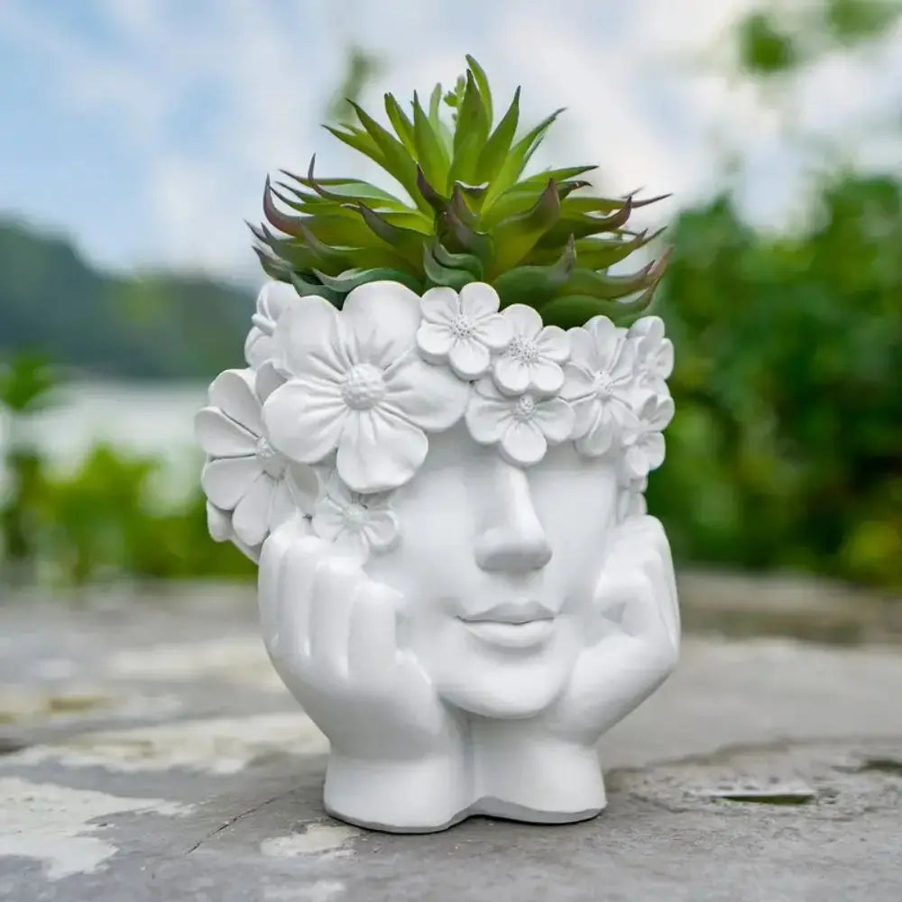 Bloempot Vrouwengezicht Hars Wit 15cm Decoratief Sculptuur Woonkamer Tuin Binnen Buiten Plantenpot Gezicht