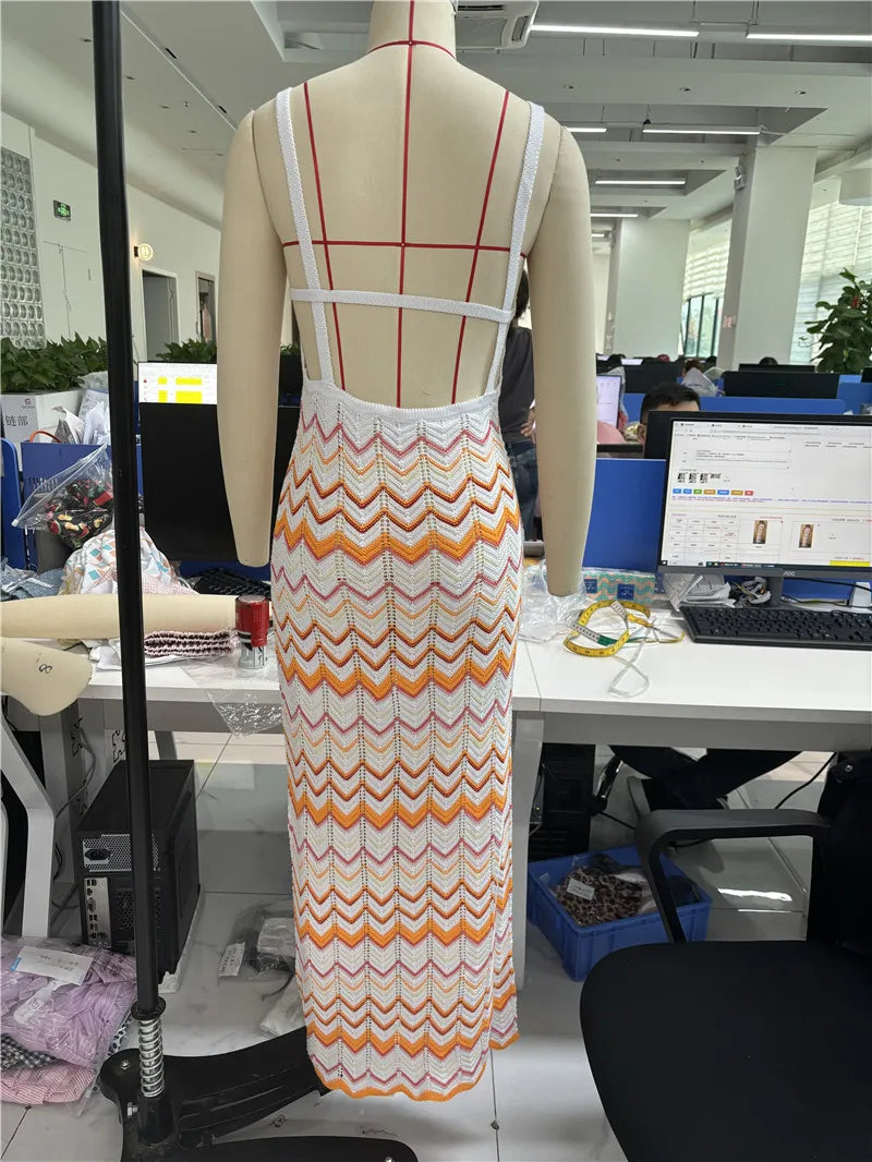 Zomerjurk voor Vrouw Golvend Patroon Open Rug Jurk