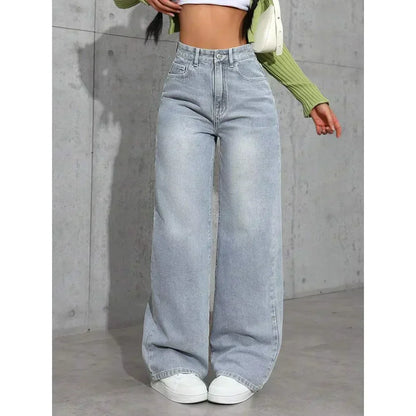 Dames High Waist Wide Leg Jeans Grote Pasvorm Gewassen Look