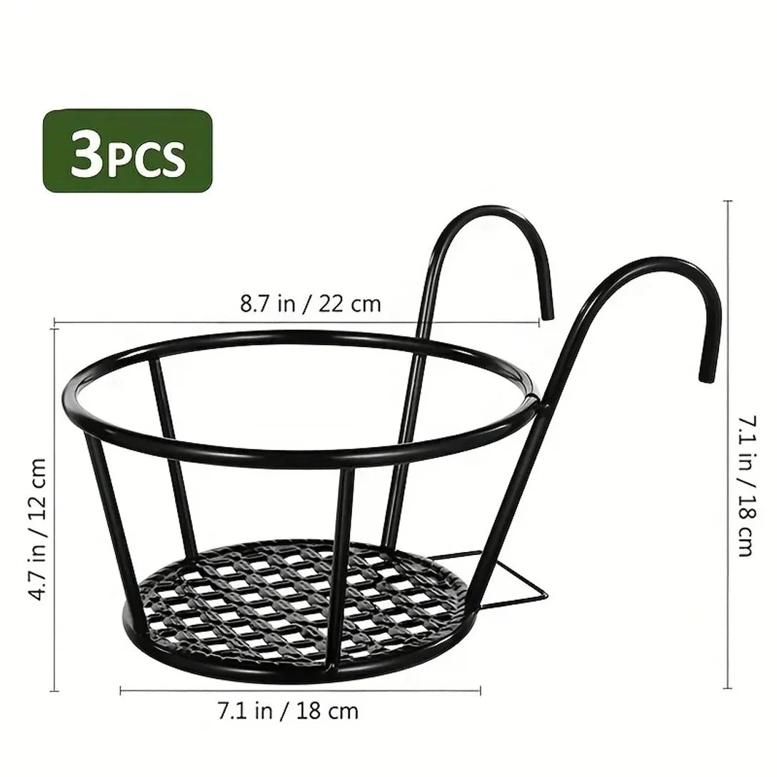 Hangende Bloempothouders Metaal Zwart voor Balkon – 3 Stuks met Ophanghaak 22 cm Doorsnede