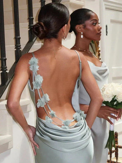 Jurk Maxi van Satijn met Bloemenprint Rugloos Elegant
