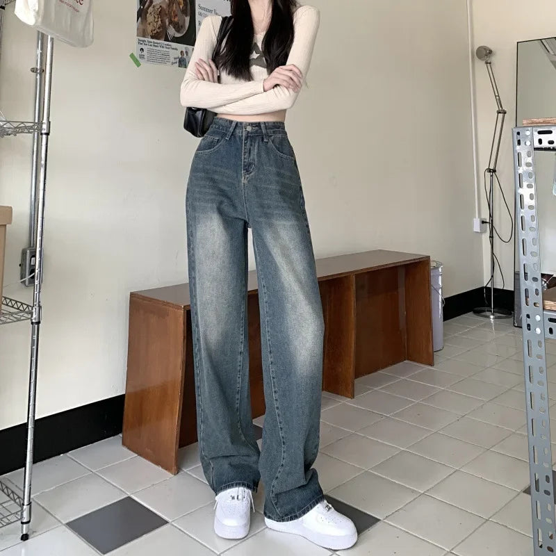 Dames Wide Leg Jeans Hoge Taille Retro Look