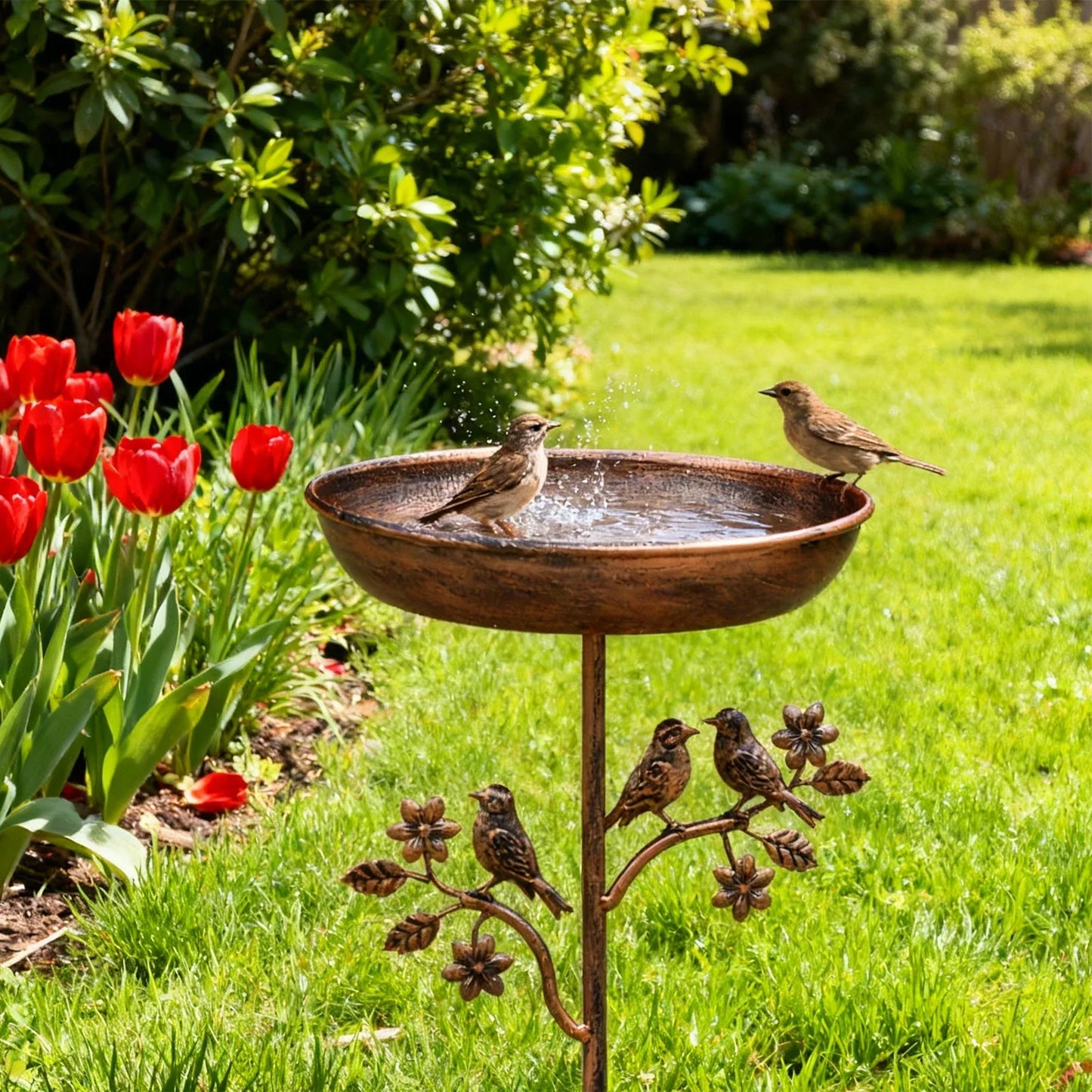 Vogelbad Metaal Koper Look 76cm 87cm Ø24cm Tuin Terras Decoratief Vogeldrinktrog Sieraad Grondpen Vintage Wildvogel Baden Drinken