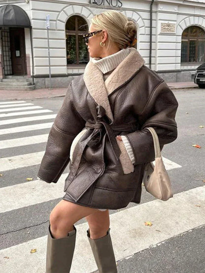 Dames Leren Jas met Bontkraag Warme Winterjas