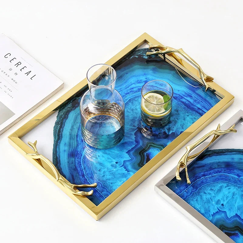 Decoratief Dienblad met Blauwe Agaatpatroon – Elegant Serveerblad met Glazen Inleg en Edelstalen Rand – Uniek Natuursteen Design voor Tafel en Interieur