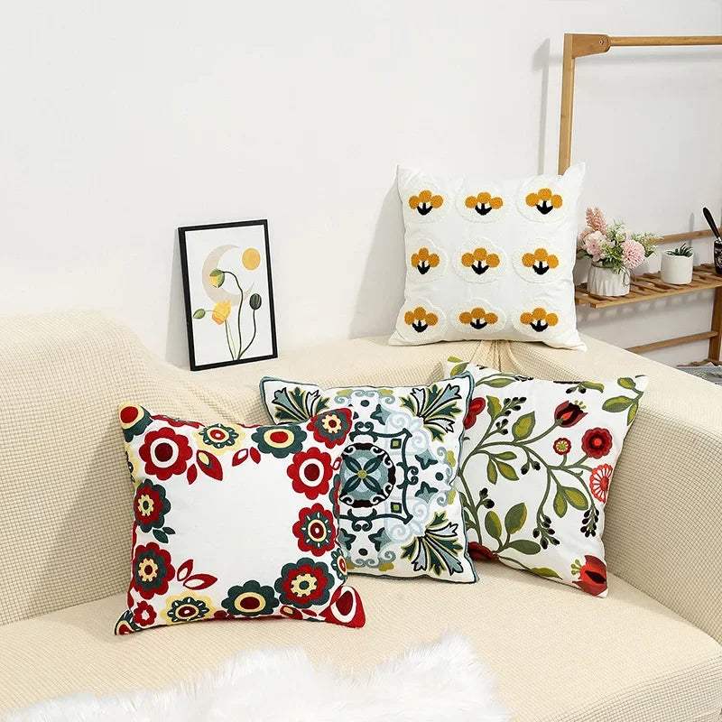 Kussenhoes 45x45cm Katoen Canvas Geborduurd Bloemen Wit Sierkussenhoes Bank Slaapkamer Landelijke Stijl Decoratief