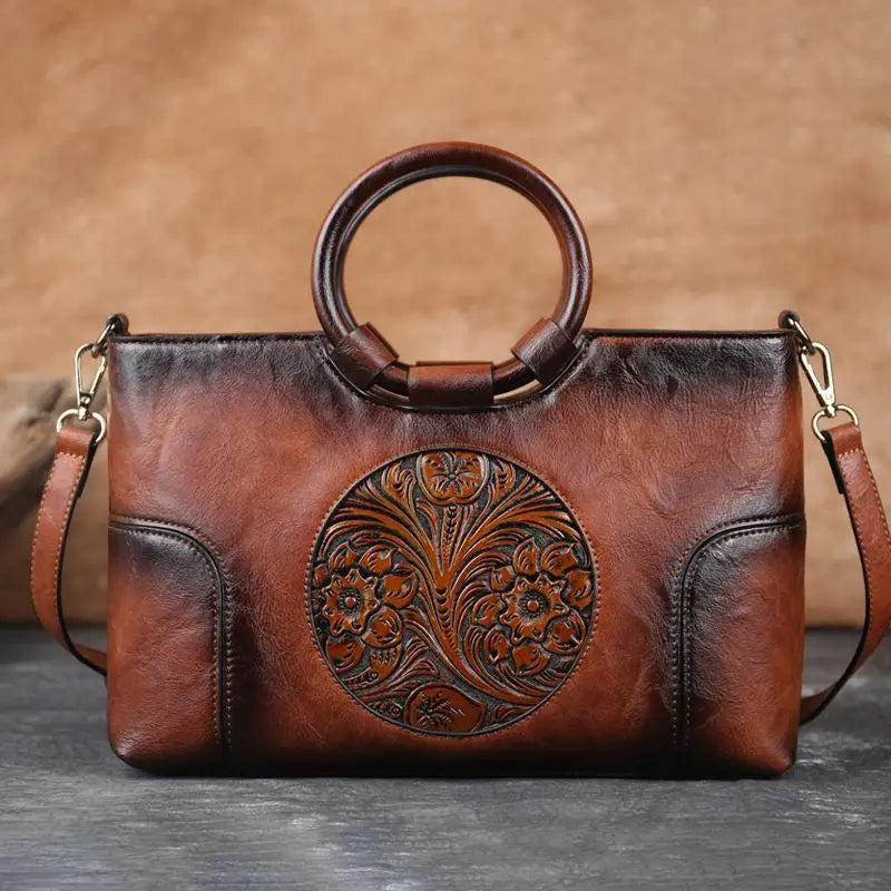 Handgemaakte Leren Damestas met Vintage Reliëfpatroon Schoudertas Elegante Dagtas Retro Design Stijlvol