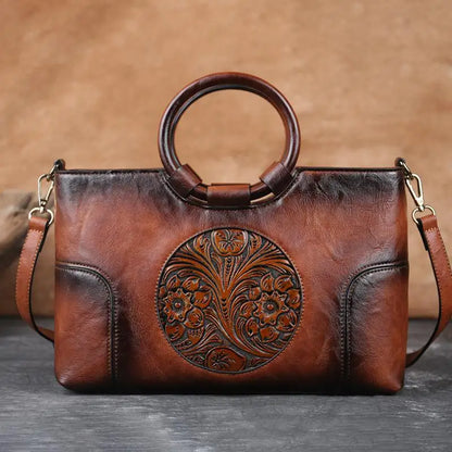 Handgemaakte Leren Damestas met Vintage Reliëfpatroon Schoudertas Elegante Dagtas Retro Design Stijlvol
