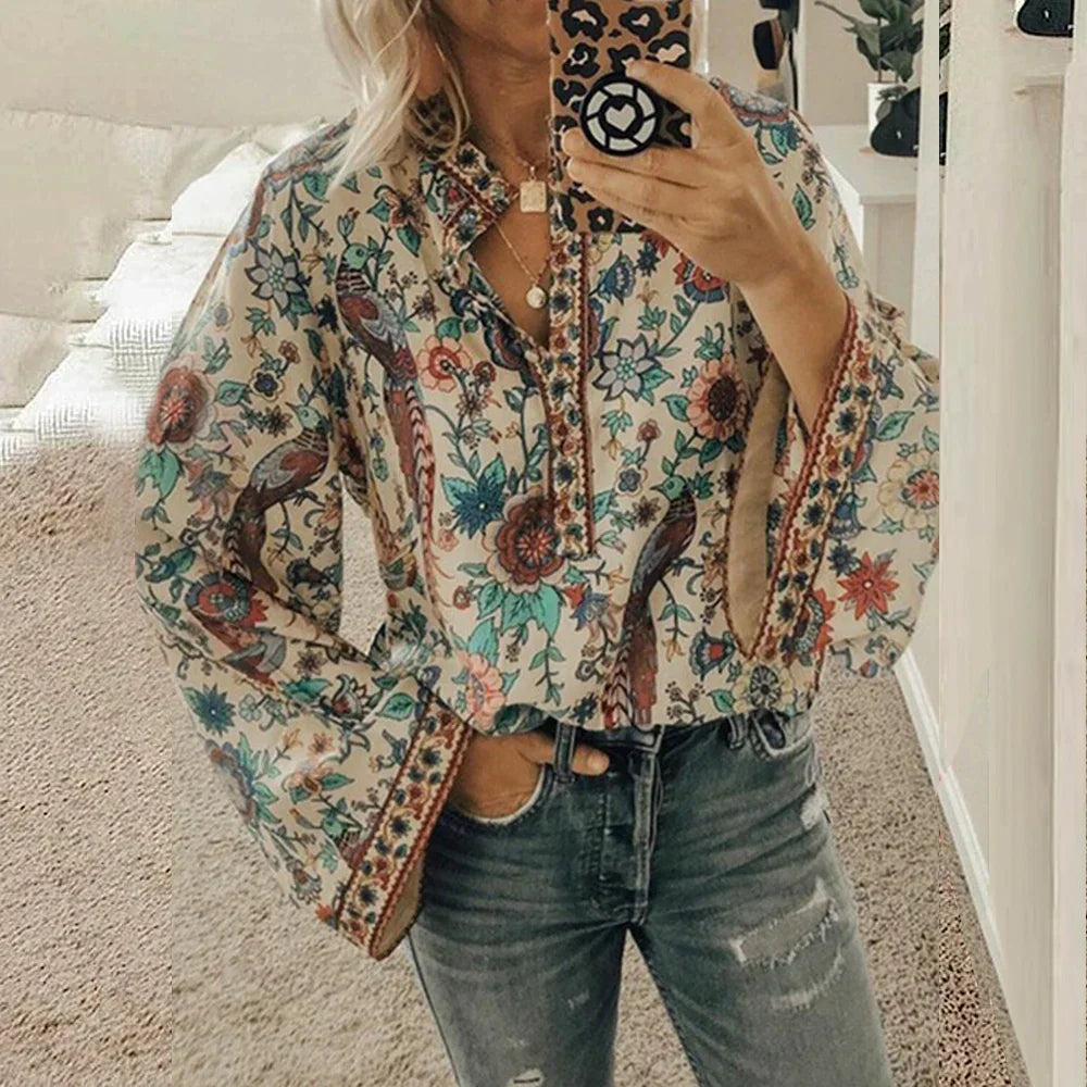 Bloes met Bloemenprint Boho Stijl Vrouw