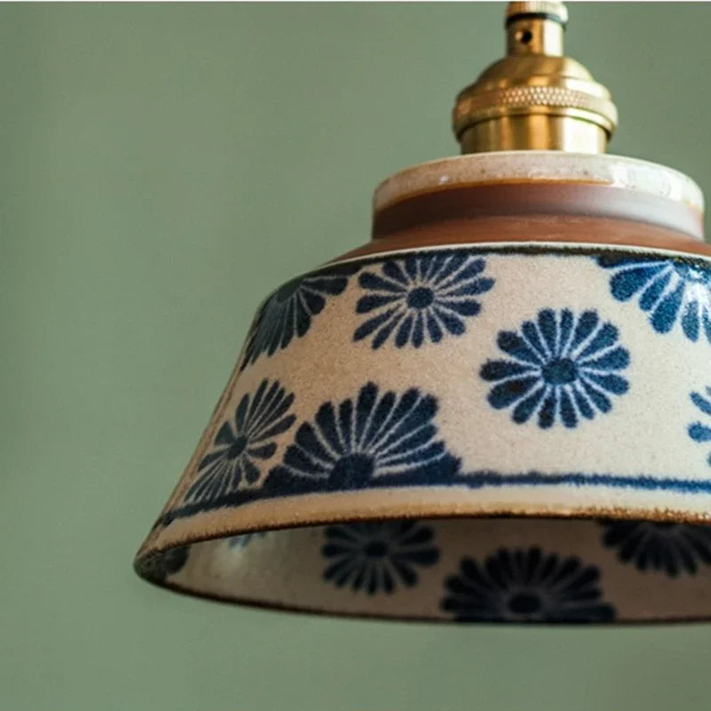Handgeschilderde Keramische Hanglamp Scandinavisch Design Met Koperen Fitting Bloemenpatroon Voor Eettafel Keuken En Slaapkamer