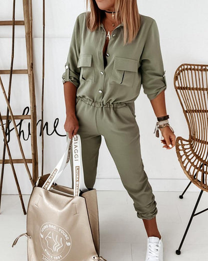 Lange Jumpsuit Met Elastische Taille en Mouwen