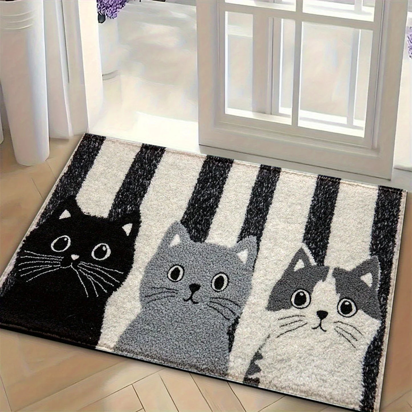 Deurmat Cartoon Katten PVC Zwart Wit Gestreept 60x90cm Antislip Waterdicht Vloermat Slaapkamer Woonkamer Hal Buitendeurmat
