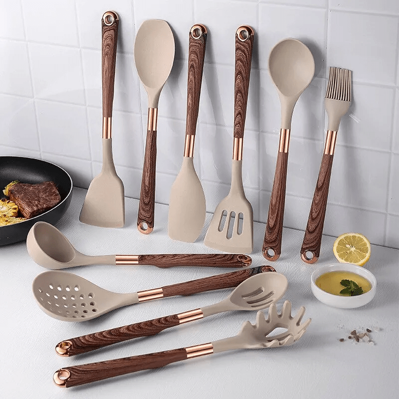 Keukenset Siliconen 10 Delig Hittebestendig Anti-aanbak Kookgerei Set Houten Handvat Keuken Tools Set